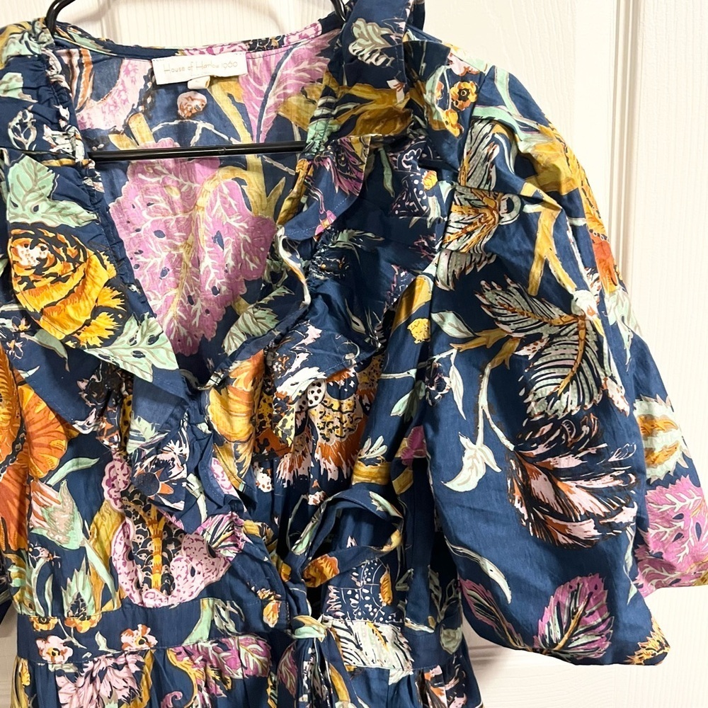 House of Harlow 1960 Floral Tropical Print Navy Blue Puff Sleeve Wrap Dress L - Picture 3 of 8